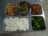 108.5.20午餐  白飯、花生滷肉、五色如意、炒芥藍菜、海芽味噌湯