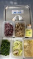 1130314紫米飯,孜然豬柳,巧燴黃瓜,炒菠菜,韓式大醬湯,豆漿,調味料