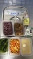 1130523  紫米飯,麵輪燒肉,紅娘炒蛋,炒油菜,味噌湯,牛奶,豆漿,調味料